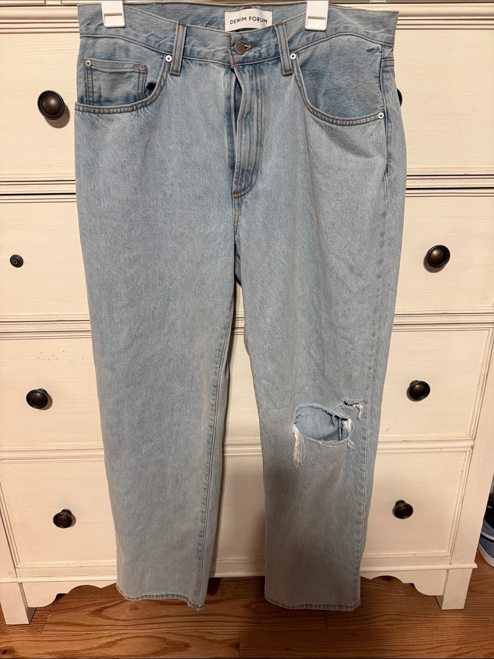 Aritzia /Denim Forum Light Blue Straight-Leg Jeans with Knee Rip